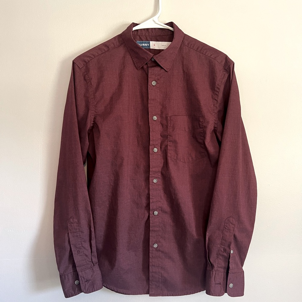 Old Navy Small S Burgundy Long Sleeve Button Down Slim Fit Shirt - Picture 1 of 3